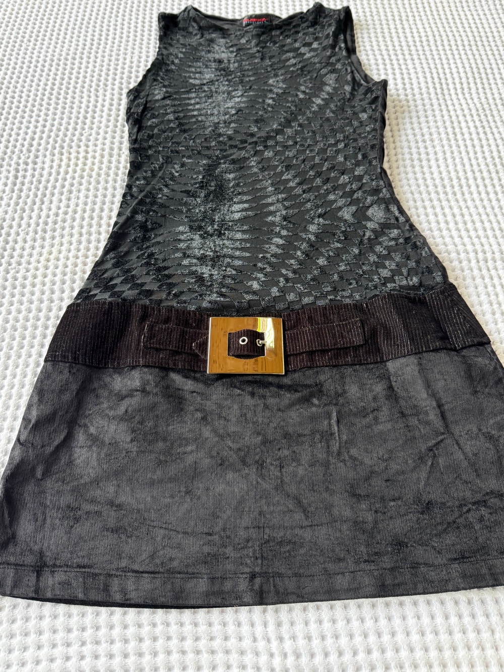 Custo black stretch velvet Mini Dress with buckle